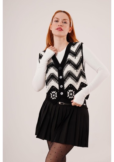 Modasize Zikzak Geçişli Triko Örme Siyah Yelek Siyah