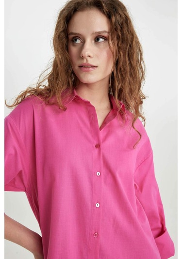 DeFacto Regular Fit Pamuklu Plaj Gömleği-Fall in Love W8241AZ24SMPN615 Pembe DeFacto Regular Fit Pamuklu Plaj Gömleği-Fall in Love W8241AZ24SMPN615 Pembe