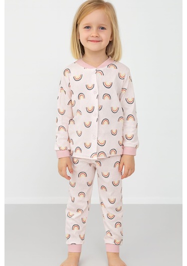 Gökkuşağı Desenli Kız Çocuk Pijama Takım Pudra