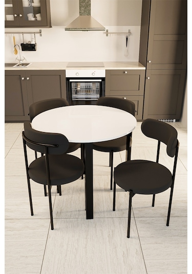 Trend Yuvarlak Mutfak Masa Takımı Beyaz-siyah-siyah