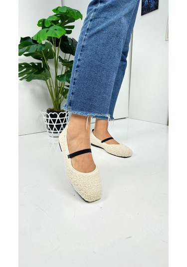Günlük Kadın Babet Peluş Lastikli Oval Burunlu Alçak Topuklu Tırtıklı Tabanlı Ayakkabı 369 Bej