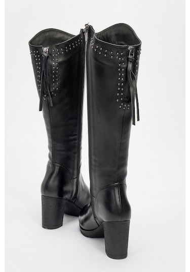 Kadın Yüksek Topuklu Fermuarlı Çizme Gerçek Deri Br 08012 Siyah Null Siyah