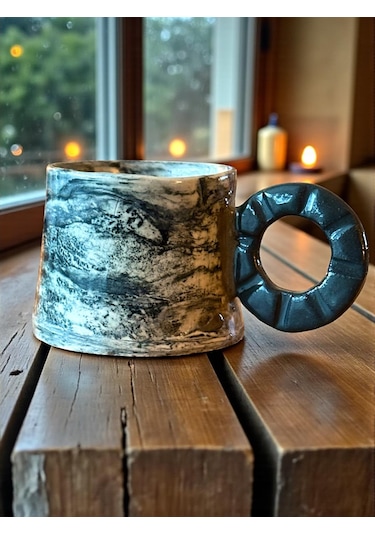 3'lü Nerikomi El Yapımı Stoneware Fincan Siyah - Beyaz