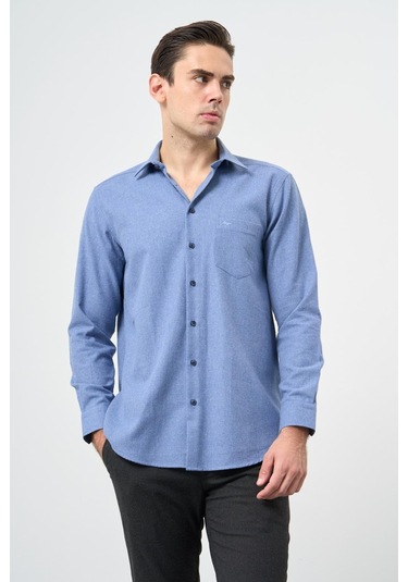 Mavi Uzun Kol Düz Gabardin Sert Yaka Cepli Pamuklu Classic Comfort Fit Gömlek 1004245168 Mavi
