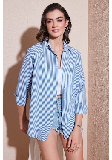 Lela Regular Fit Uzun Kollu Cepli Çizgili Bayan Gömlek 6772895 Indigo