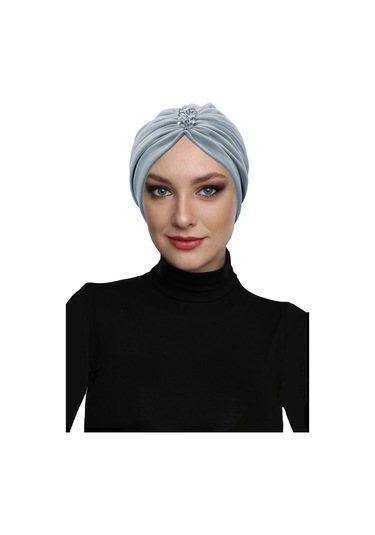 Dizayn Tüllü Kristal Taş İşlemeli Çift Taraflı Astarlı Gri Hazır Türban Tesettür Abiye Bone Gri