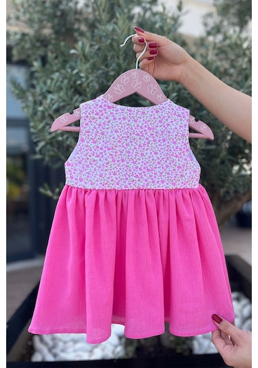 Dantel Detaylı Çiçek Desenli Kolsuz Şile Bezi Pembe Elbise 001