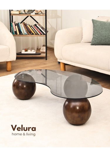 Modern Orta Sehpa & Top Sehpa Cam Sehpa & Küre Orta Sehpa - Koyu Ceviz Top - Fasulye - Füme Cam Ceviz