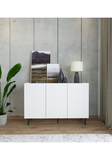 Demir Ayaklı %100 Mdf Şık Ve Çok Amaçlı 3 Kapaklı Beyaz Konsol