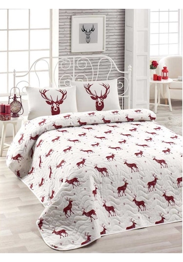 Eponj Home Kapitone Yatak Örtüsü Seti Çift Kişilik Geyik Bordo