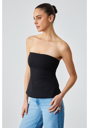 ORIANA Kadın Slim Fit Straplez Siyah Bluz