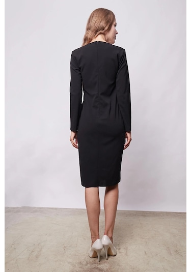 Kadın Likralı Krep Kumaş Kare Yaka Önden Yırtmaçlı Uzun Kol Diz Altı Ofis Elbise-siyah Siyah