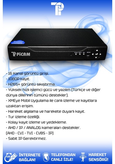 Picam 16 Kanal AHD DVR Xmeye Hibrit Kayıt Cihazı