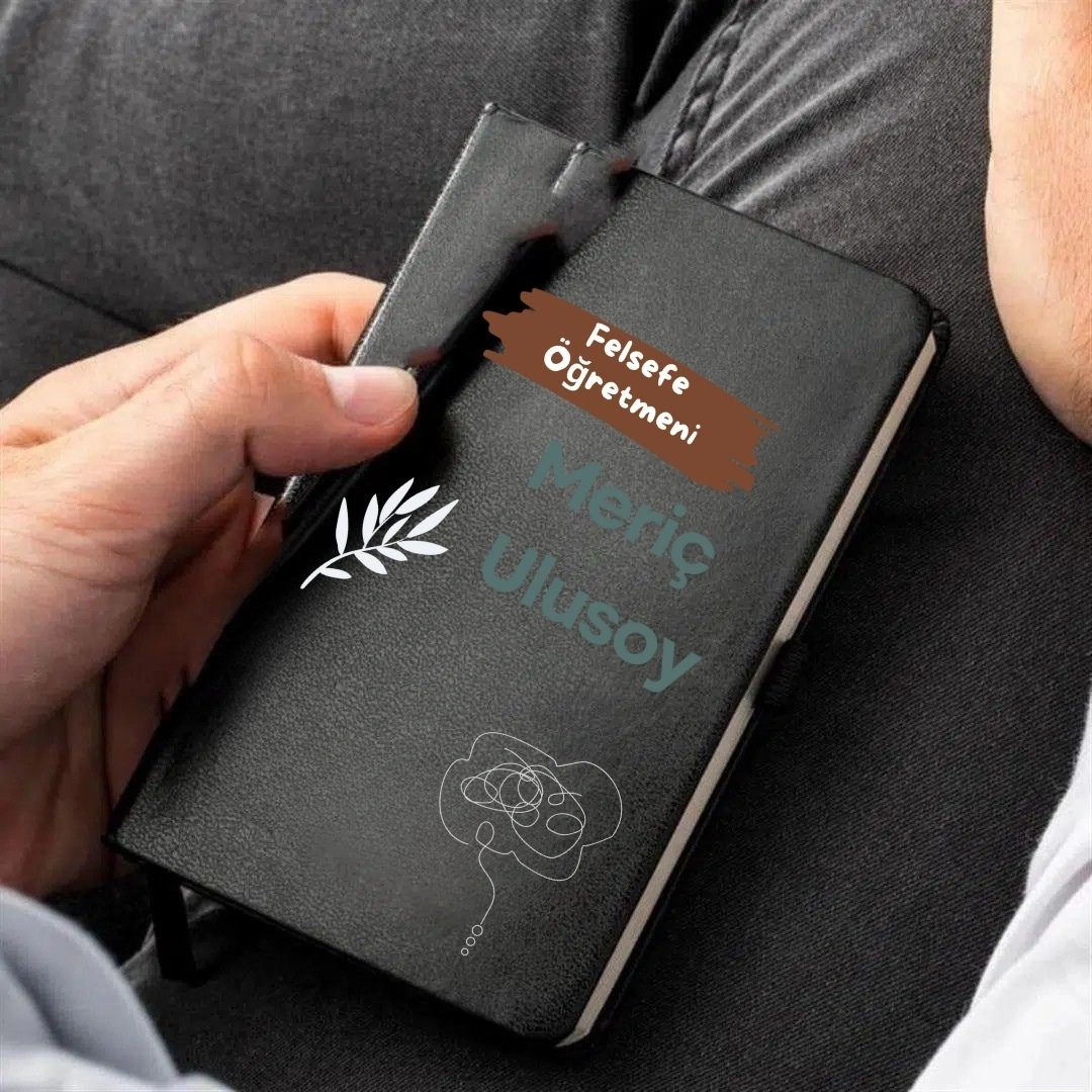 Kişiye Özel Felsefe Öğretmeni Tasarımlı Deri Kapaklı Not Defteri İsme Özel Hediye Siyah