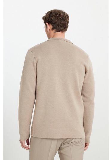 Erkek Vızon Pamuklu Standart Fit Normal Kesim Kruvaze Yaka Cepli Triko Ceket Vizon