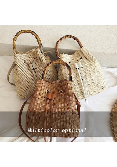 Yihemaoyi Hasır Çanta Omuz Messenger Çanta Bambu Kova Çanta Beyaz İu Beyaz