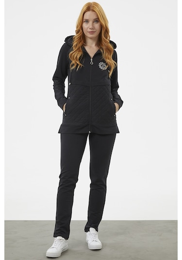 Kapüşonlu Kapitone Detaylı Eşofman Takım - Siyah 001