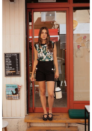 Kadın Desenli Kolsuz Bluz Frn1109 Yeşil