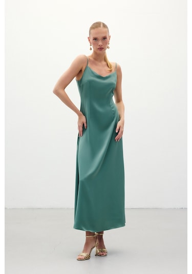 Sateen Askılı Uzun Saten Elbise - Mint-136328 Mint