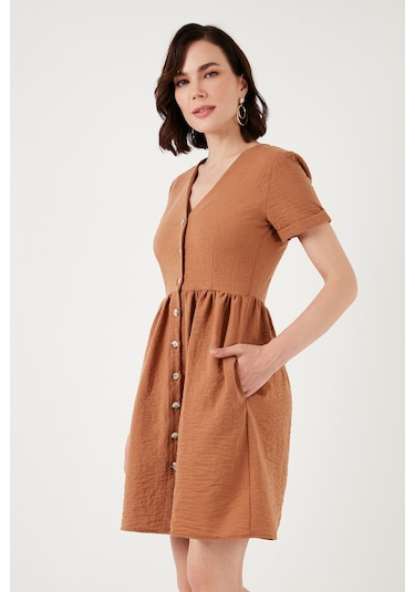 Lela Cepli Önü Düğmeli Kısa Kollu V Yaka Regular Fit Bayan Elbise 611El222 Kahve