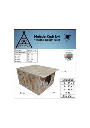 Melada Kedi Evi Dış Ortam Uygun Ahşap Kedi Evi Osb 35x33x23 Cm