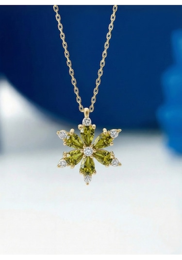 Çekirdekjewelry 925 Ayar Gümüş Zeytinyağı Taşlı Kamelya Çiçeği Kolye Sarı Zeytinyağı