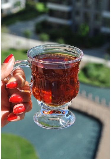 6'lı Ayaklı Cam Bardak - Kulplu Çay Kahve Bardağı 180 Ml Şeffaf