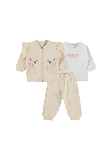 Civil Baby Çiçek Nakışlı Hırkalı 6-18 Ay Takım - Bej