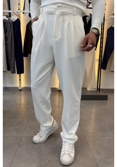 Yarım Balıkçı Pamuk Örme Likralı Esnek Rahat Kumaş Pileli Pantolonlu Takım Beyaz