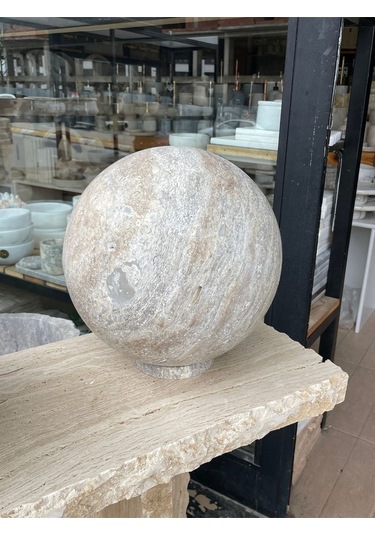 Silver Traverten Doğal Taş Küre 30cm Çapında Tam Küre Beyaz