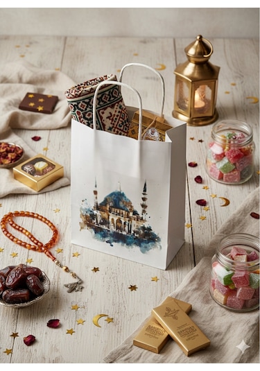 Ramazan Hediyelik Paketleme Çantası, 3lü Paket, Cami Tasarımlı Be