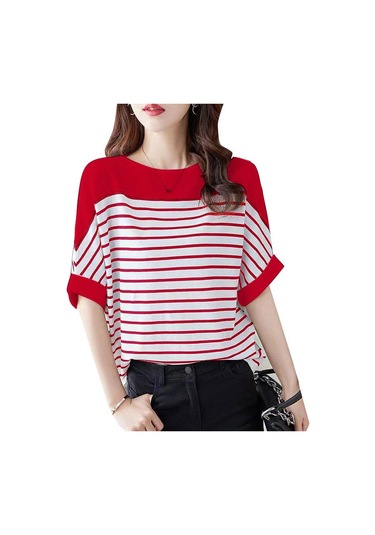 Zanzea Kadın Rahat O-yaka Kısa Kollu Çizgili Bluz Kırmızı