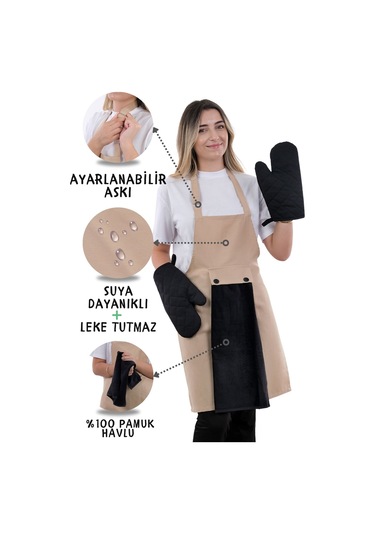 Star Ayar Askılı Havlulu 4lü Mutfak Önlüğü Seti 2 Eldiven Krem-siyah-siyah