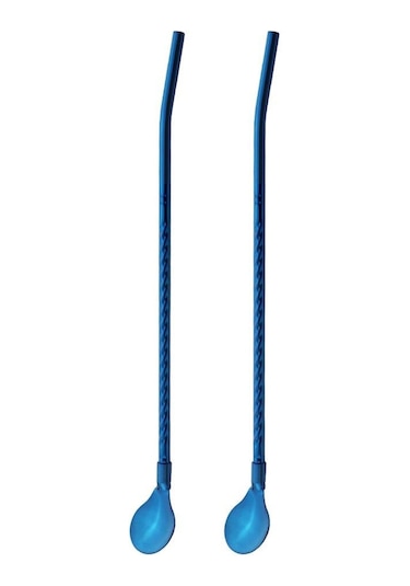 Mavi 2 Adet/takım Siyah Yeniden Kullanılabilir Uzun Saman Kaşığı Renkli 304 Paslanmaz Çelik Pipetler Kepçe Bar Kokteyl Kahve Karıştırma İçme Kaşığı