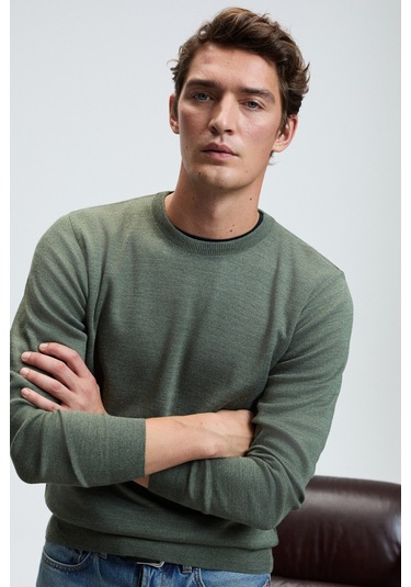 VAREX Erkek Yuvarlak Yaka Basic Slim Fit Triko Haki Kazak