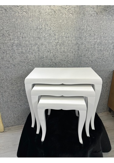 Ahşap Cilalı Beyaz Zigon Sehpa 3 Lü Set