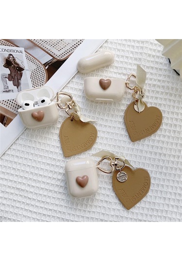 Apple Airpods 3. Nesil İle Uyumlu Kılıf Kalp Leopar Taş Kiraz Desenli Fiyok Tutmalı Kılıflar Kahve