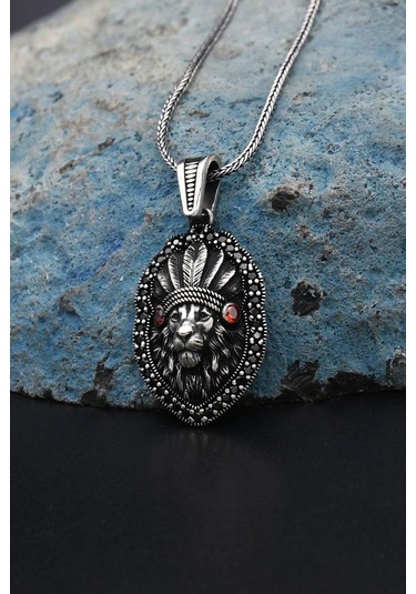 Kızılderili Aslan Figürlü 925 Ayar Erkek Gümüş Kolye Zincir 901306 Gümüş