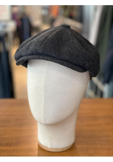 Peaky Blinders Tarz İngiliz Model Balıksırtı Desen Kaşe Kumaş Kasket Şapka Siyah