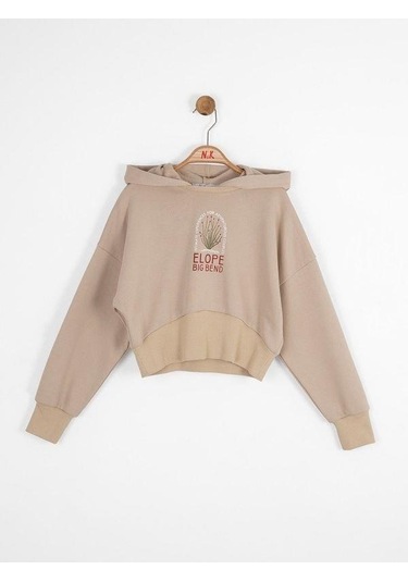 Kız Çocuk Pamuklu Orta Kalınlık Kapüşonlu Crop Sweatshirt-14707 Vizon
