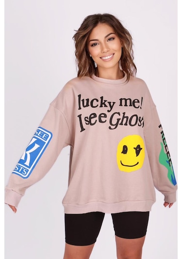 Madmext Mad Girls Bej Baskılı Oversize Sweatshirt Mg1206