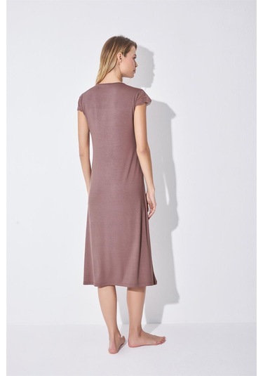 Monamise Kadın Yakası Kolu Ve Omzu Brode Dantelli Önü Düğmeli Gecelik 18511-kahve Kahverengi