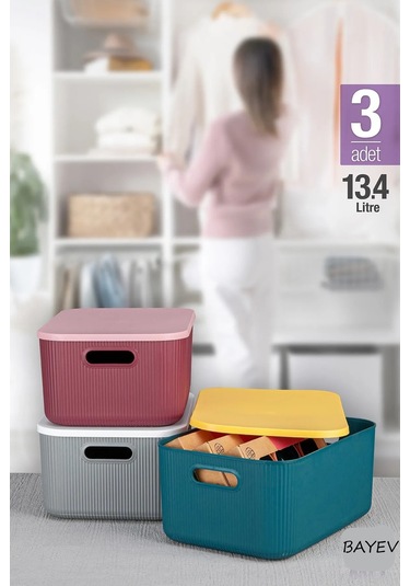 Bayev 3 Adet 13 Litre Storage Mix Dolap Düzenleyici Kapaklı Kutu - Kıyafet Çorap Saklama Kutusu Çok Renkli