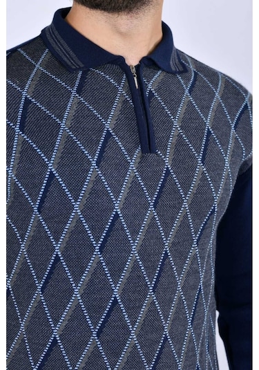 Kamalı Erkek Çelik Örgü Baklava Desenli Gömlek Yaka Fermuarlı Polo Yakalı Tüylenmez Triko Kışlık Baba Kazak Lacivert