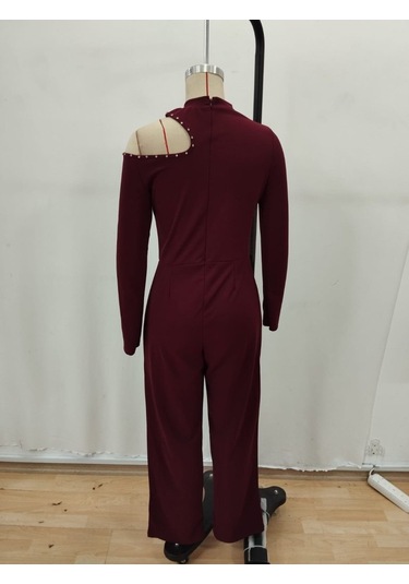 S-pazarım Kadın Tek Omuzdan Açık Balıkçı Yaka Taş Detaylı Uzun Ithal Krep Tulum Bordo