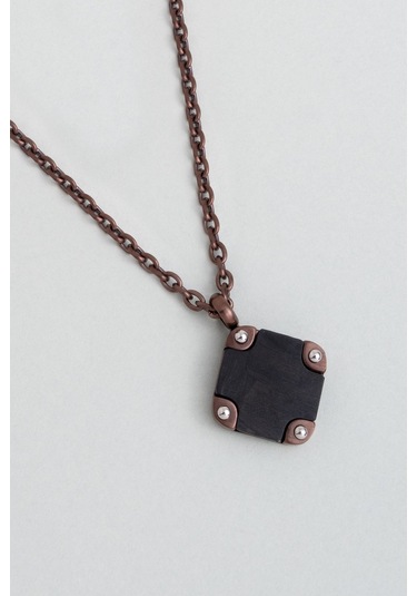 Karbon Fiber Detaylı 65 Cm Çelik Kolye Kahverengi