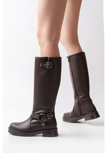 02-312 Kahverengi Toka Aksesuarlı Fermuarlı Günlük Kadın Çizme Resimdeki Renk