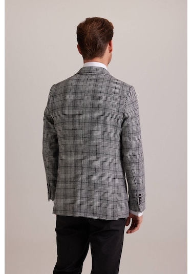 Erkek Gri Kışlık Yünlü Regular Fit Ekose Desenli Tek Ceket 001