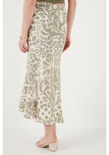Lela Regular Fit Desenli Yüksek Bel Volanlı Midi Boy Yırtmaçlı Bayan Etek 5869013 Olive