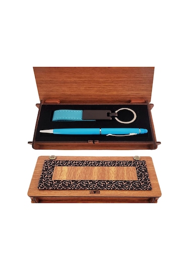 Ahşap Kutulu Kalem Anahtarlık Mavi Set Dekoratif Hediyelik